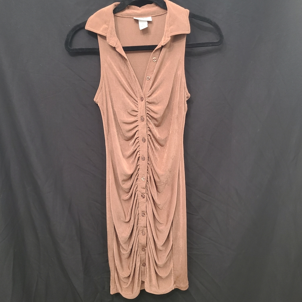 Just Polly Slinky Ruched Button Down Burnt Brown Collared Small Dress